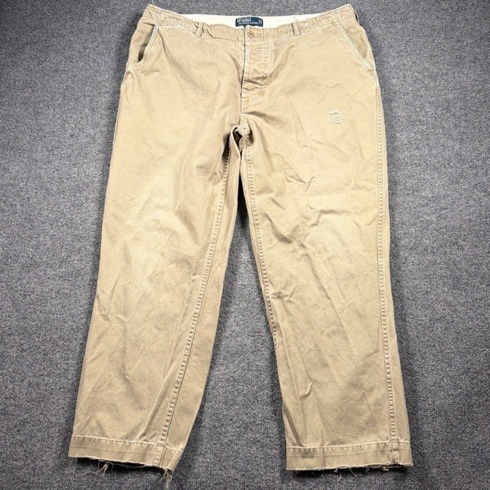 Polo Ralph Lauren Chino Pants Distressed Mens 39x29 Tan Raw Hem Button Fly